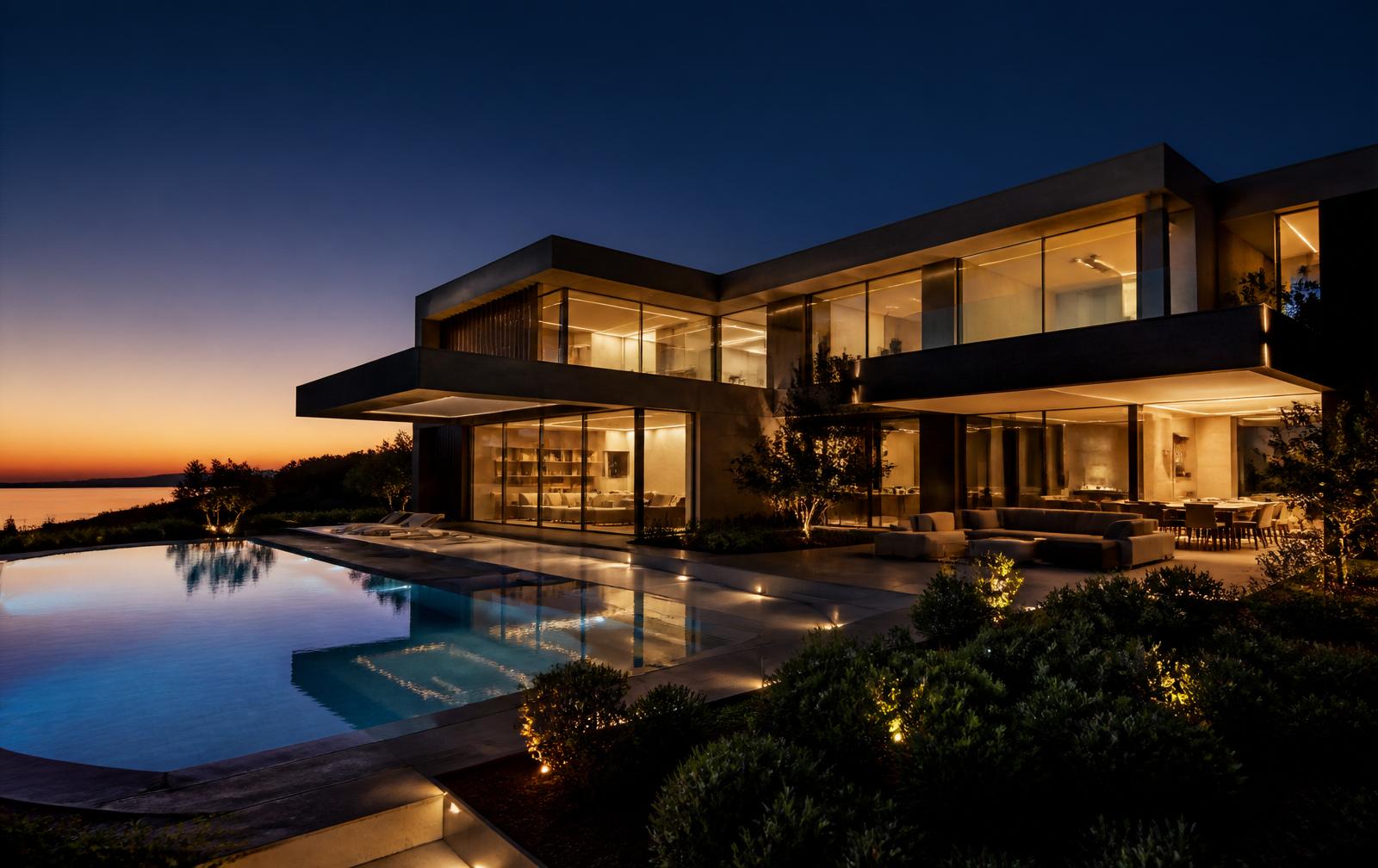 Modern luxury home at dusk